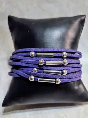 Purple Multi-Strand Suede Wrap Bracelet with Silver Accents